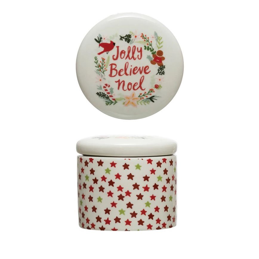 Holiday Stoneware Container with Lid - Jolly Believe Noel