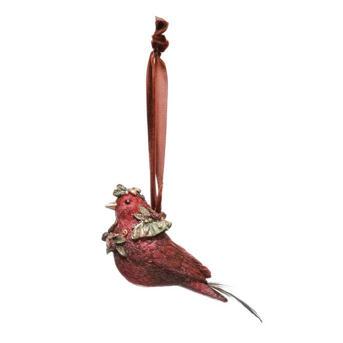 Resin Bird Ornament with Feather - Red