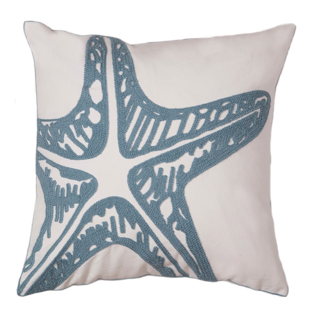 Blue Starfish Chain Stitch Decorative Throw Pillow 18" x 18"