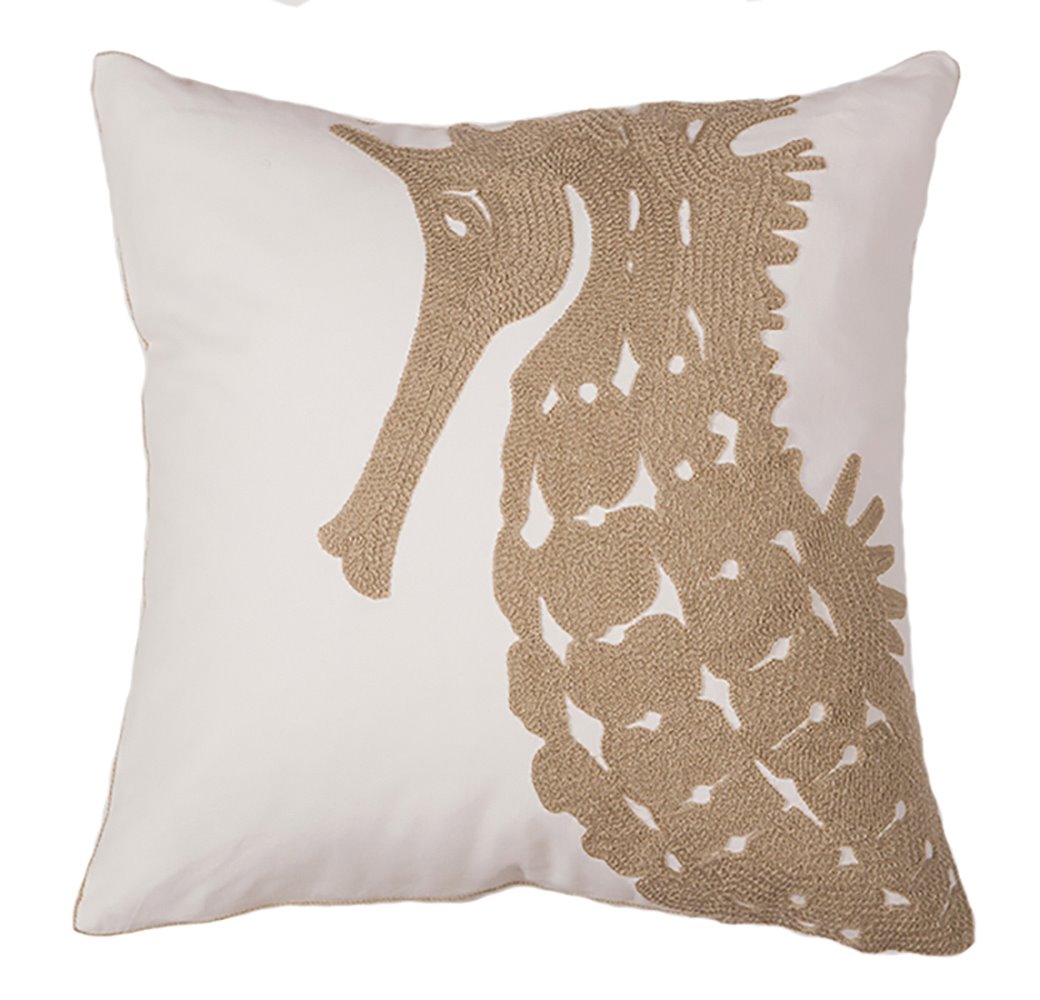 Tan Seahorse Chain Stitch Decorative Throw Pillow 18" x 18"