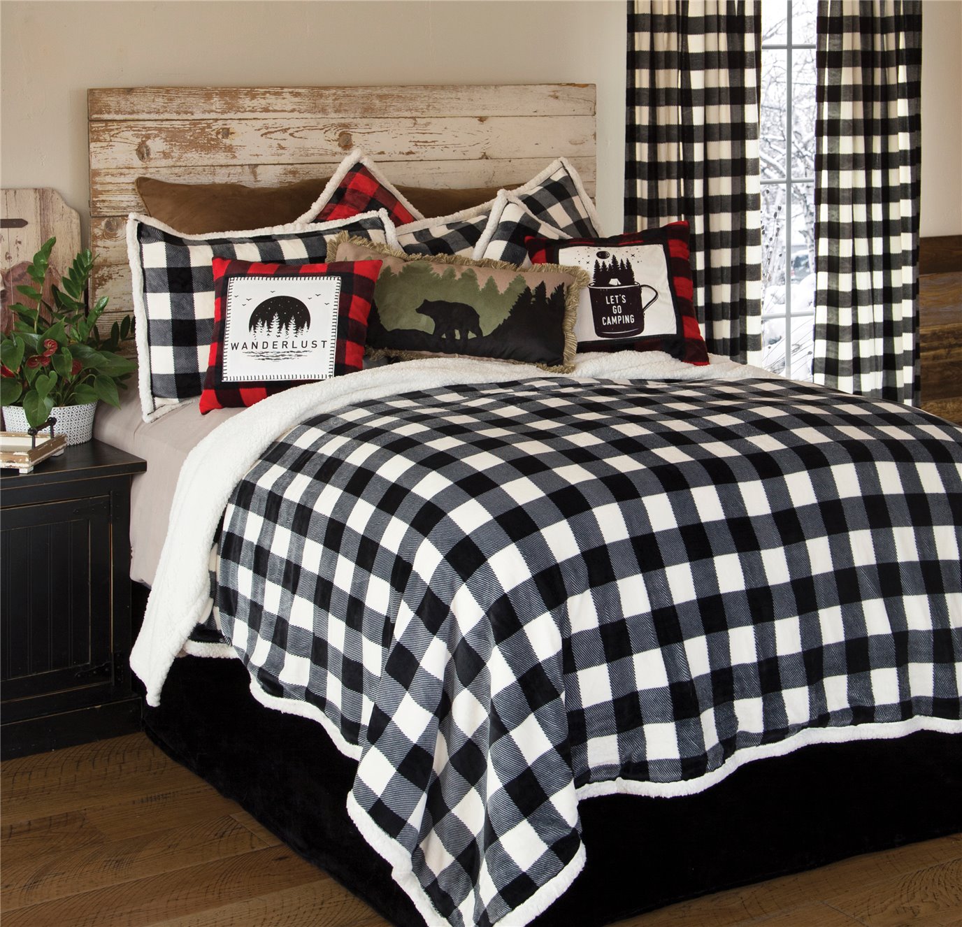 Black & White Lumberjack Buffalo Plaid Sherpa Bedding Set, King by