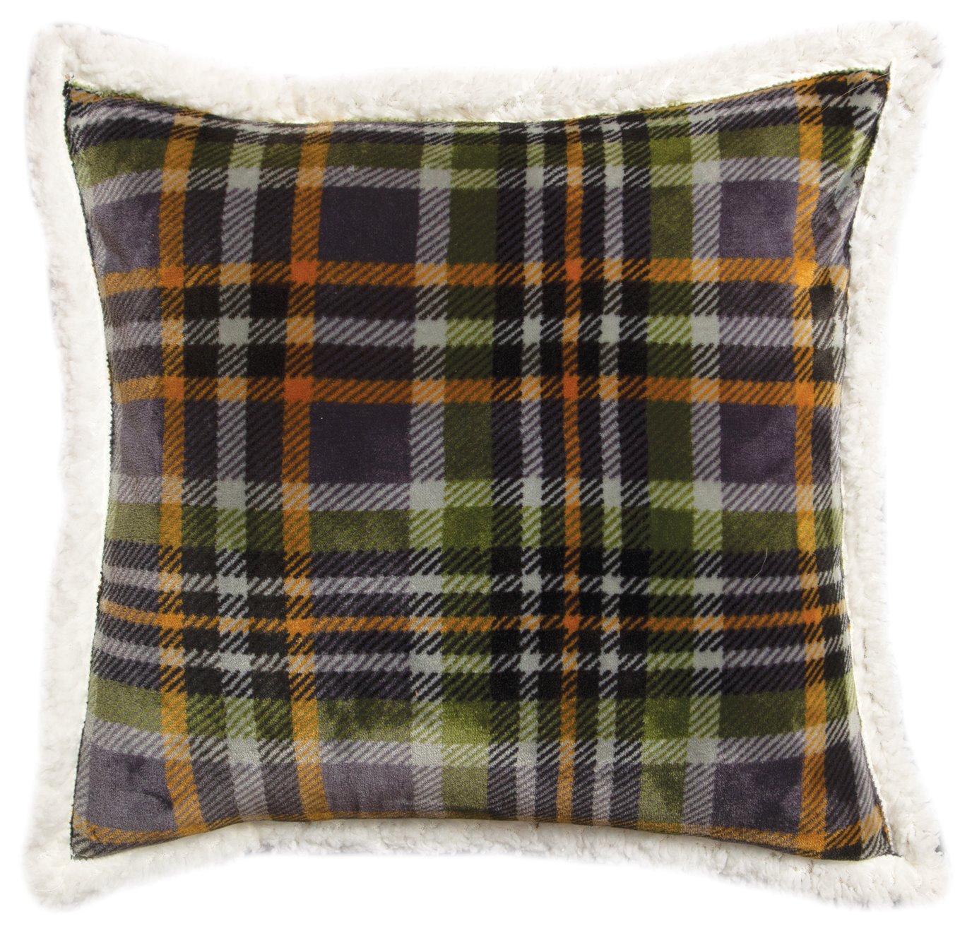 Orange Sage Striped Plaid Sherpa Throw Pillow (Insert Included) 18" x 18"