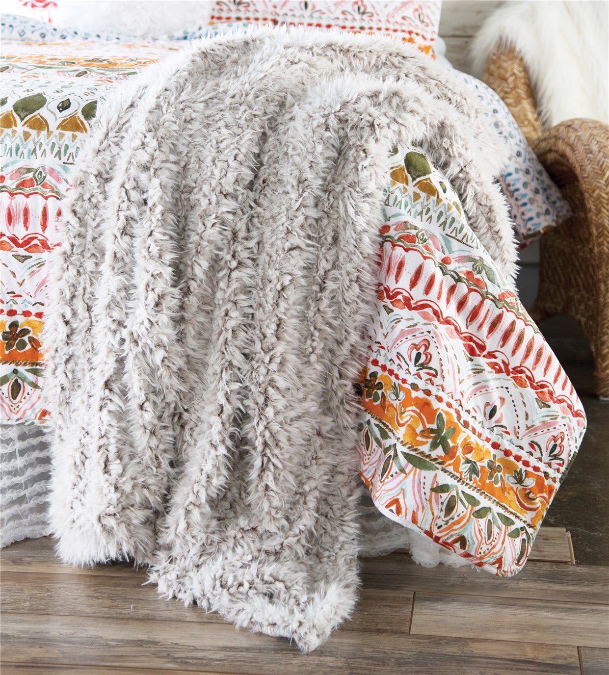 Faux Fur Throw Blanket Off White Shaggy Plush by North End Decor Carstens