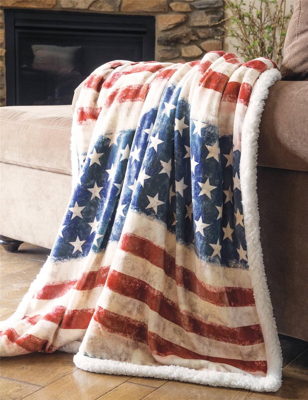 Carstens Wrangler Stars & Stripes USA American Flag Sherpa Fleece Throw Blanket 54x68
