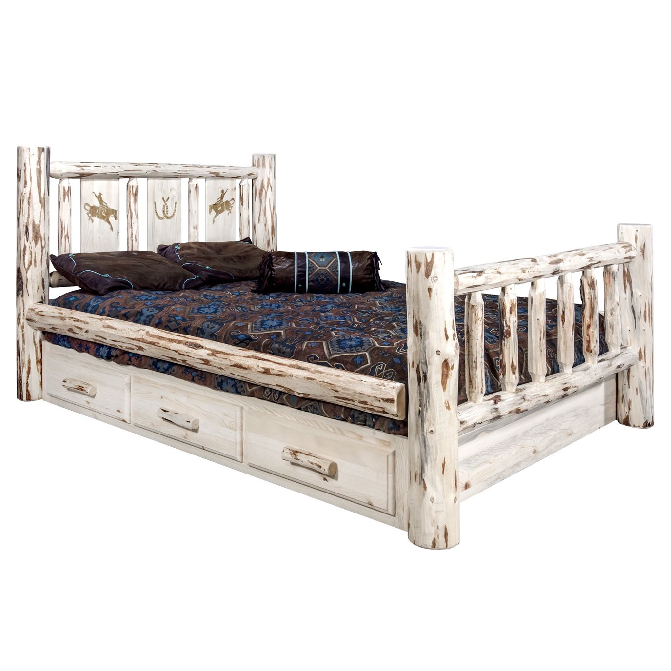 Montana King Storage Bed w/ Laser Engraved Bronc Design - Clear Lacquer Finish