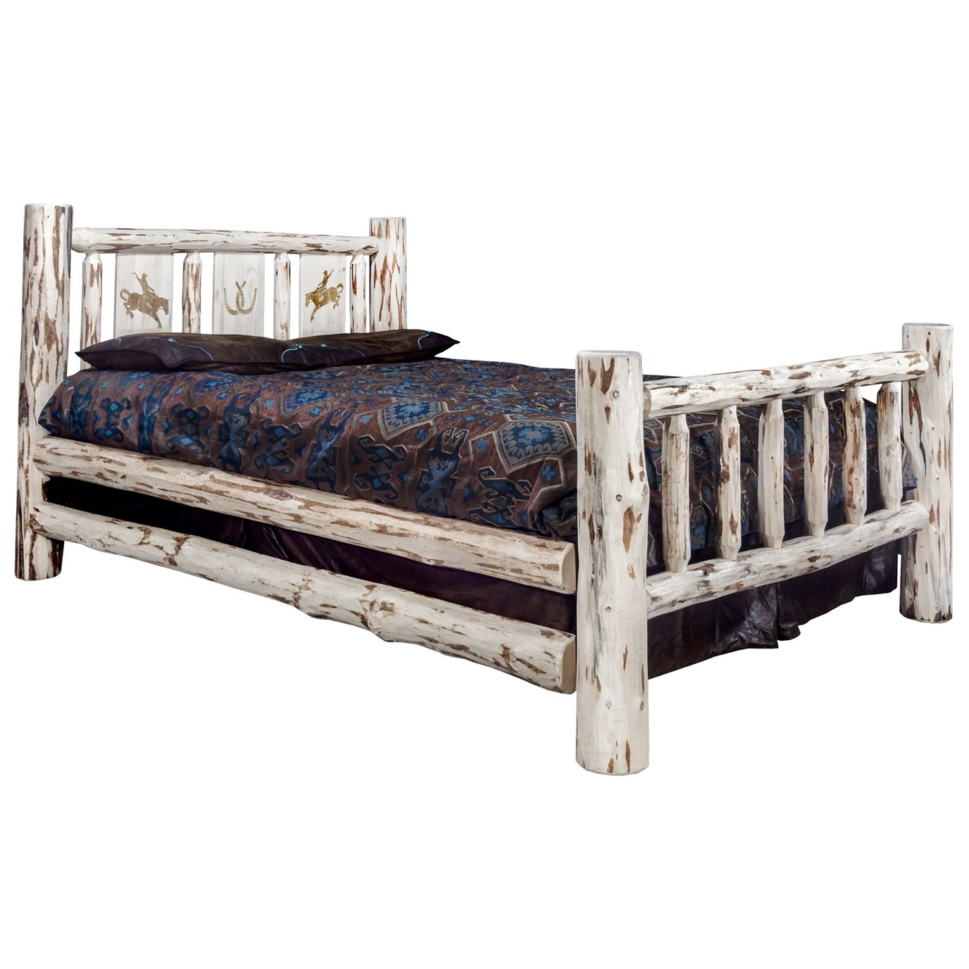 Montana Queen Bed w/ Laser Engraved Bronc Design - Clear Lacquer Finish