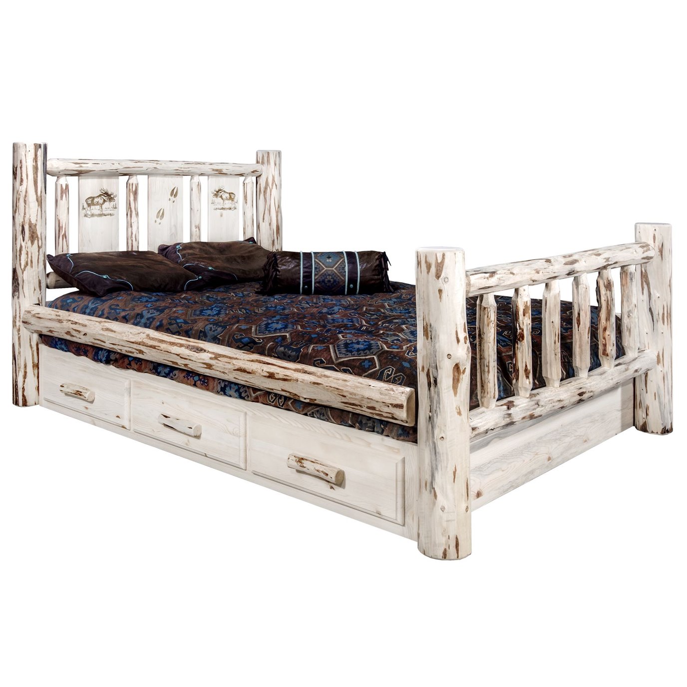 Montana Queen Storage Bed w/ Laser Engraved Moose Design - Clear Lacquer Finish