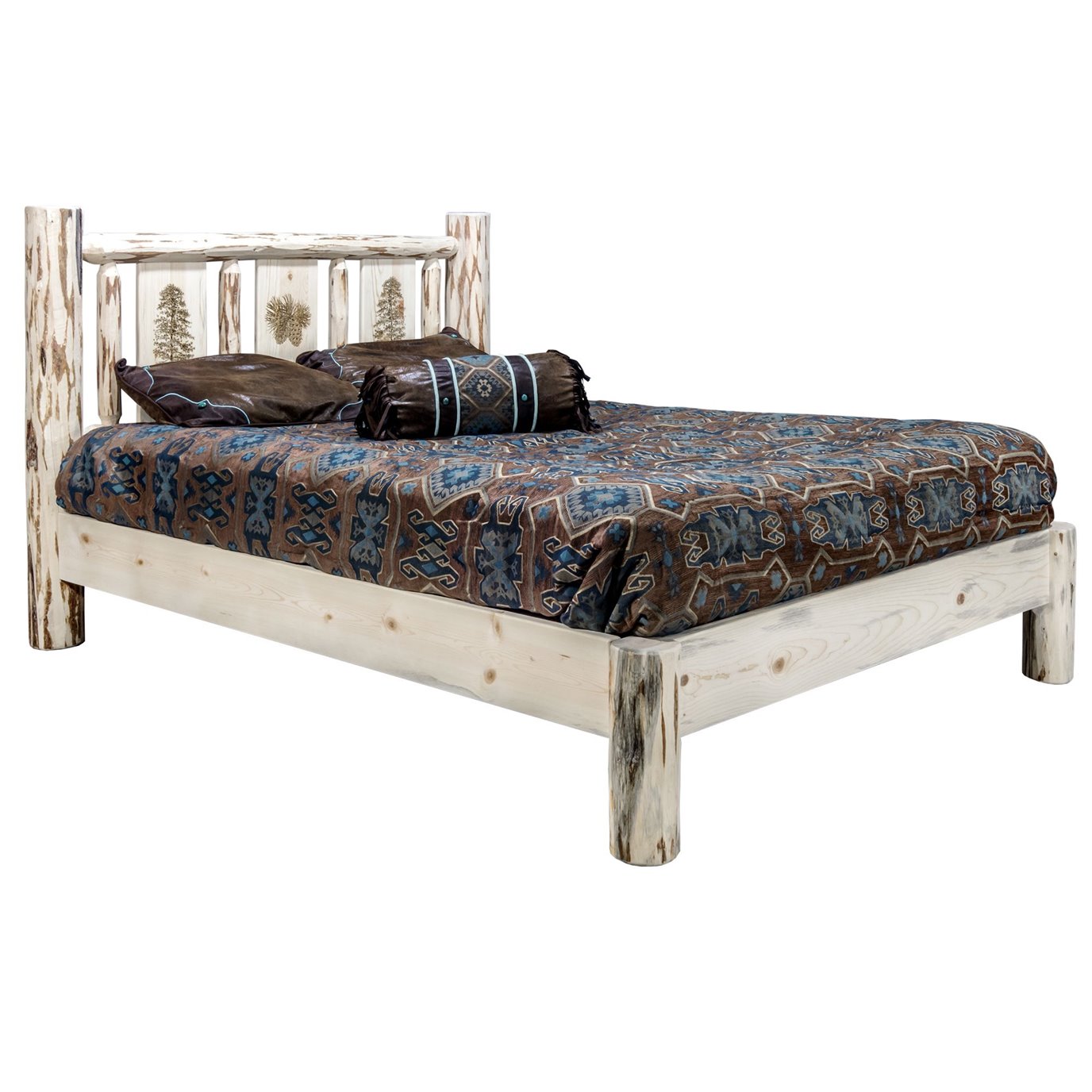 Montana Twin Platform Bed w/ Laser Engraved Pine Tree Design - Clear Lacquer Finish