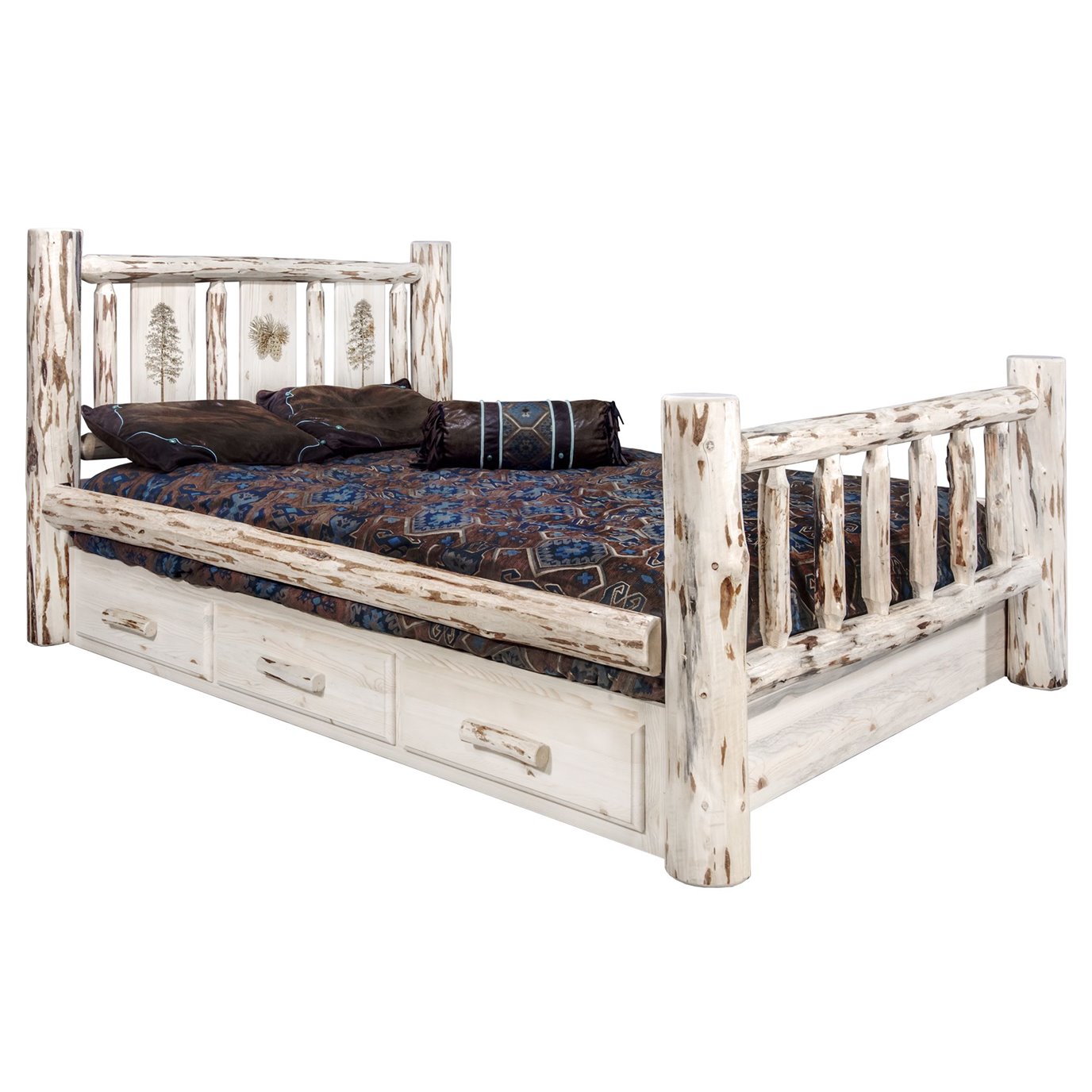 Montana Twin Storage Bed w/ Laser Engraved Pine Design - Clear Lacquer Finish