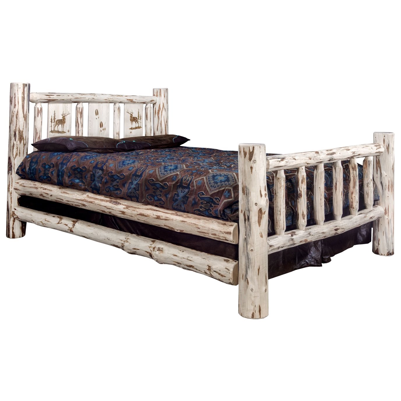 Montana Queen Bed w/ Laser Engraved Elk Design - Clear Lacquer Finish