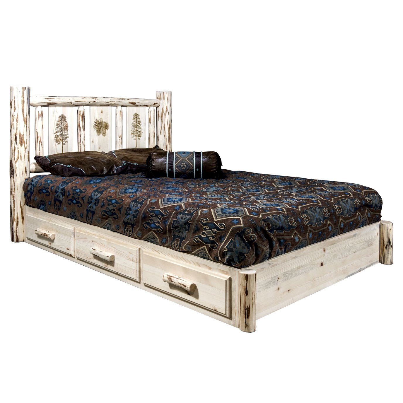 Montana Cal King Platform Bed w/ Storage & Laser Engraved Pine Design - Clear Lacquer Finish