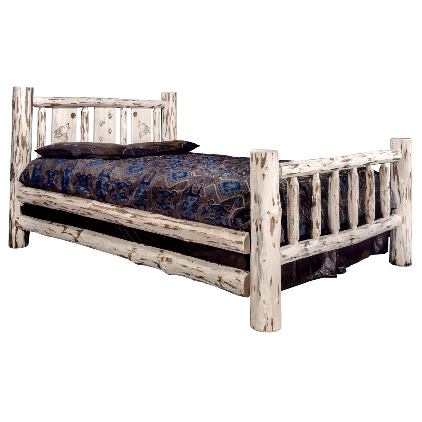 Montana Full Bed w/ Laser Engraved Wolf Design - Clear Lacquer Finish