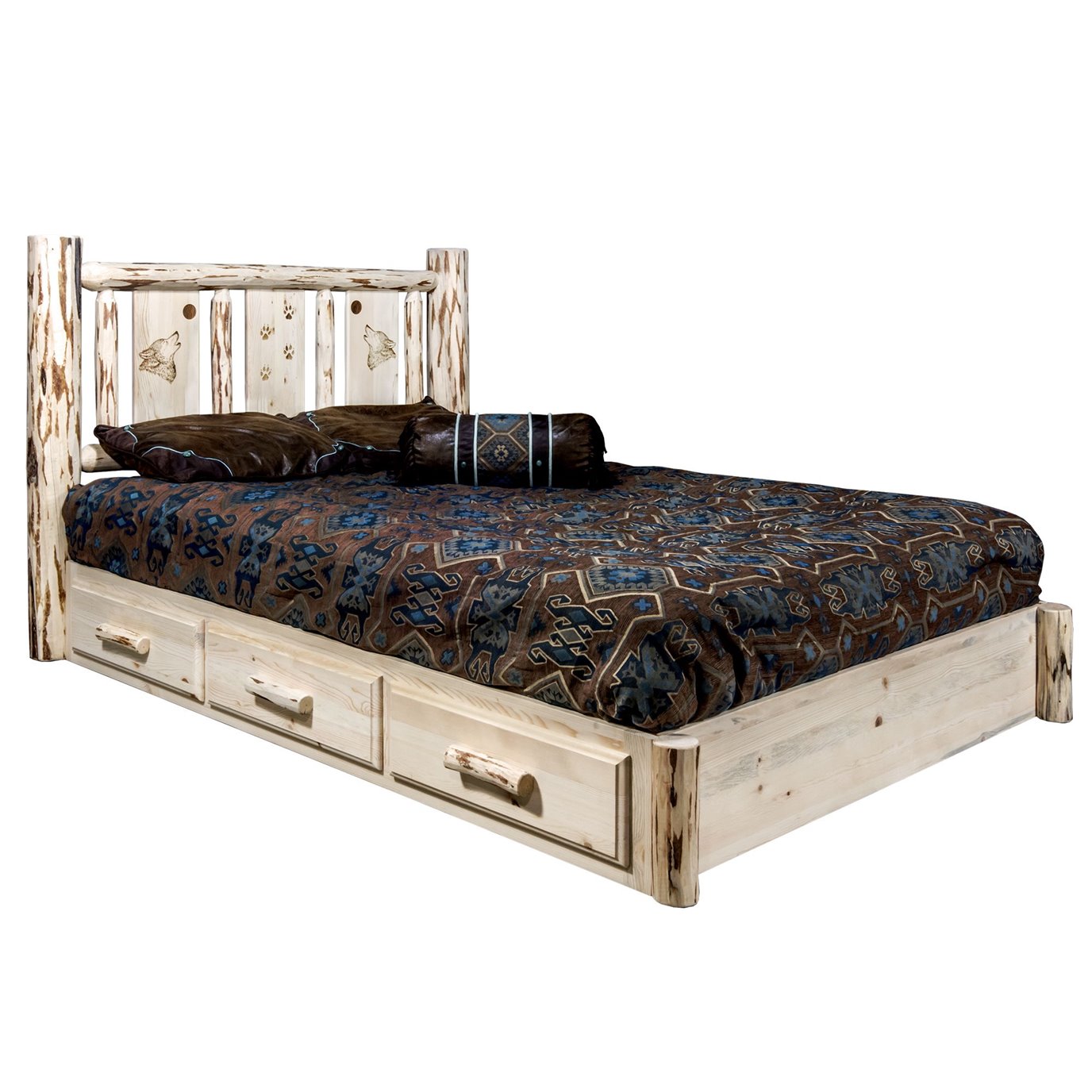 Montana Cal King Platform Bed w/ Storage & Laser Engraved Wolf Design - Clear Lacquer Finish