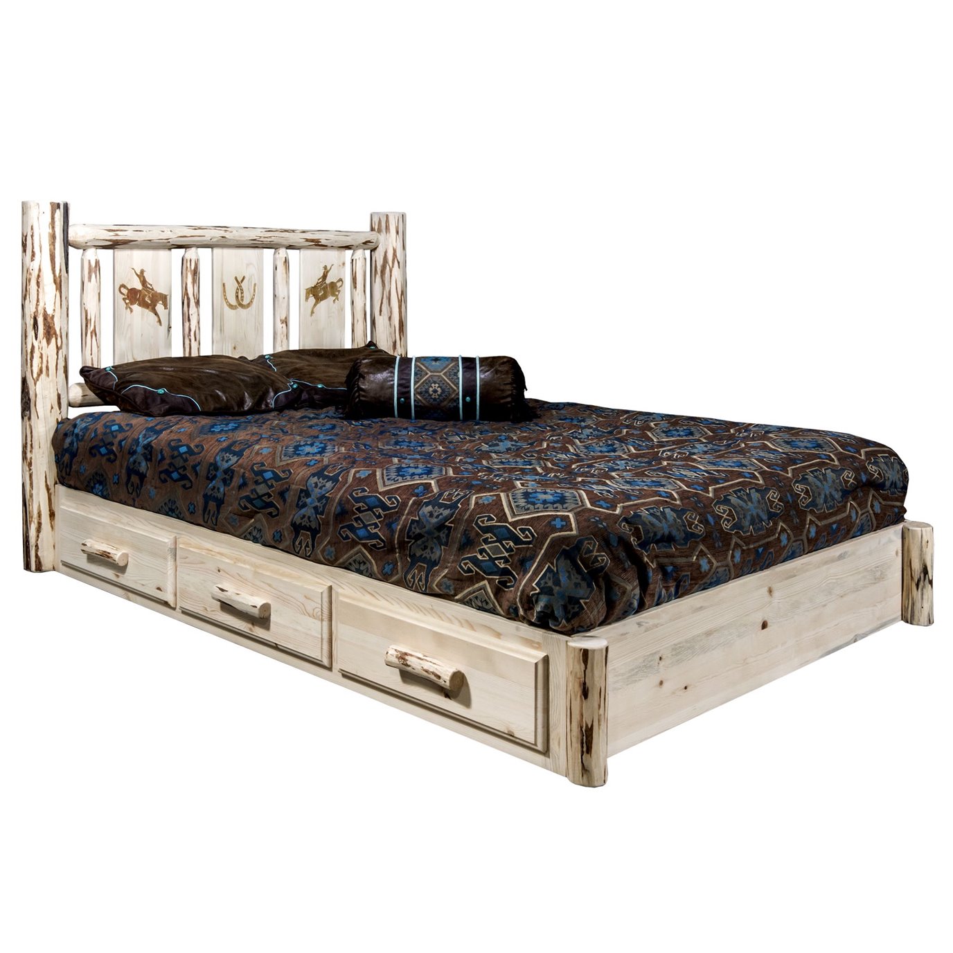 Montana Queen Platform Bed w/ Storage & Laser Engraved Bronc Design - Clear Lacquer Finish