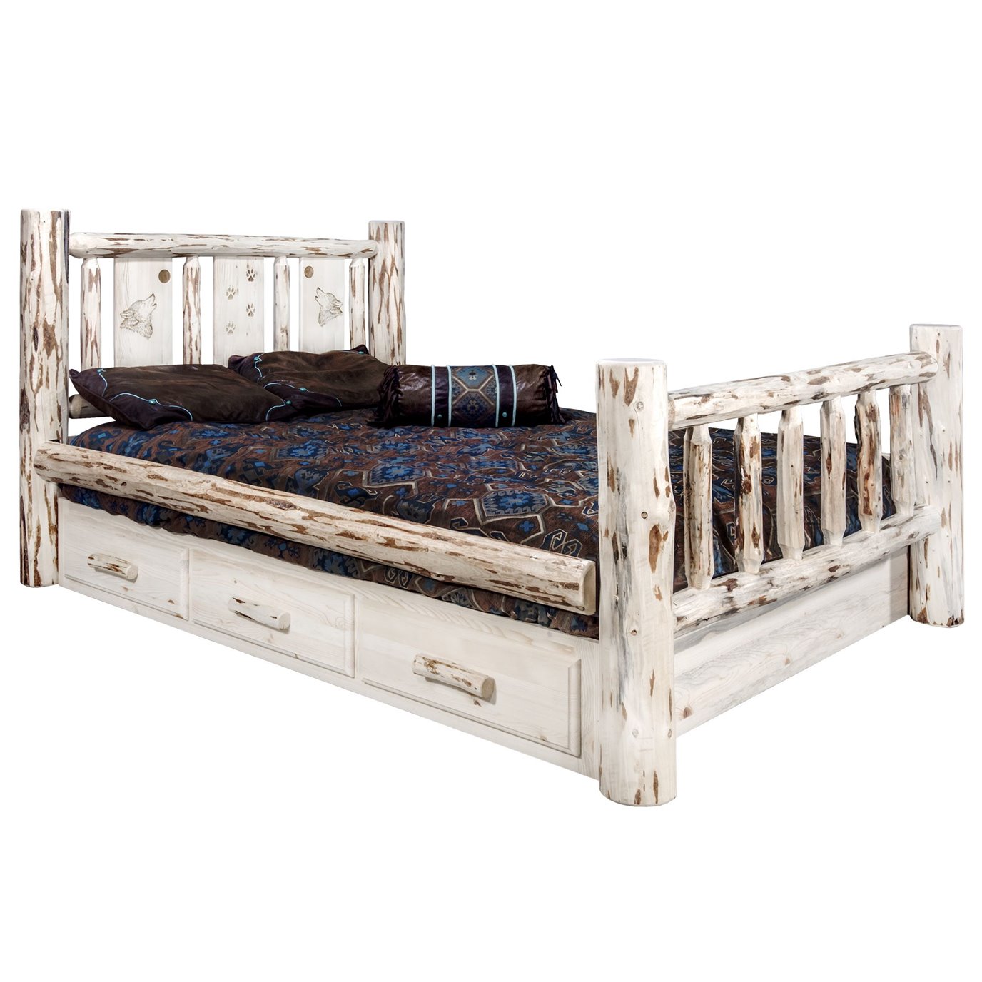 Montana Full Storage Bed w/ Laser Engraved Wolf Design - Clear Lacquer Finish