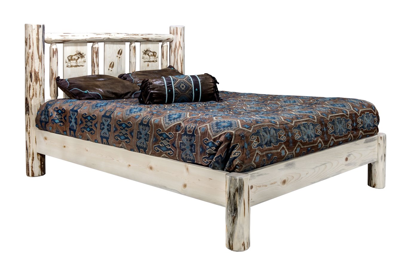 Montana King Platform Bed w/ Laser Engraved Moose Design - Clear Lacquer Finish