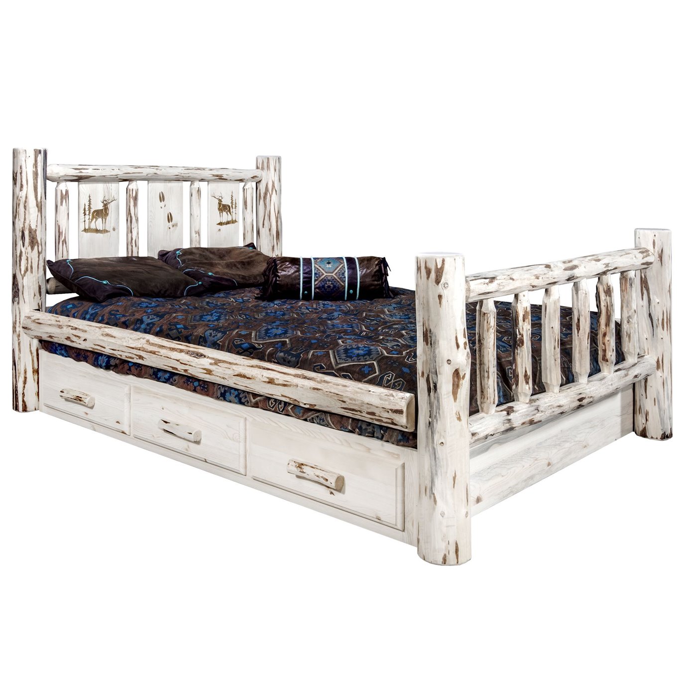 Montana Cal King Storage Bed w/ Laser Engraved Elk Design - Clear Lacquer Finish
