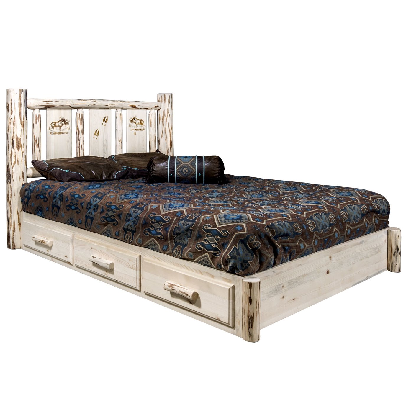 Montana King Platform Bed w/ Storage & Laser Engraved Moose Design - Clear Lacquer Finish