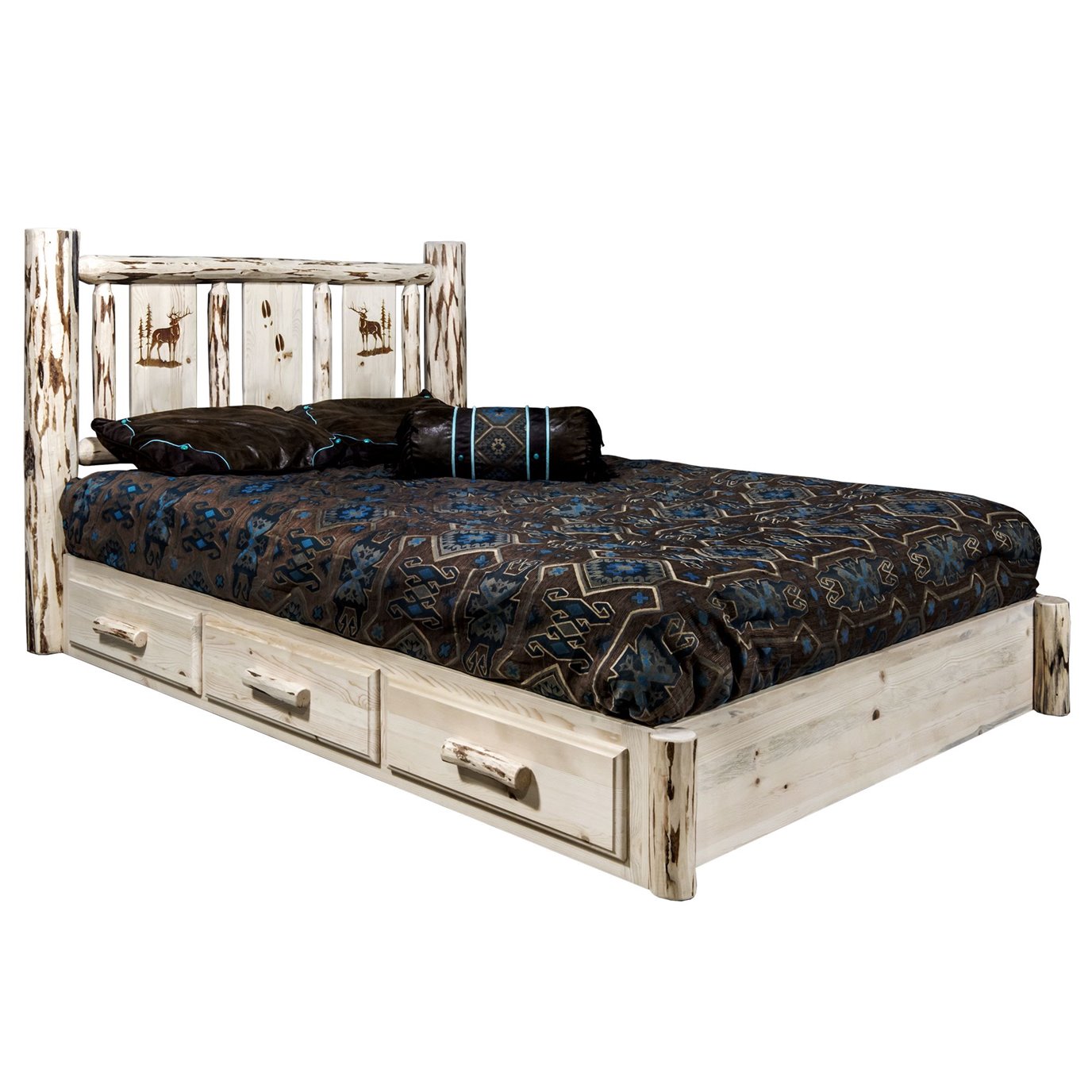 Montana Cal King Platform Bed w/ Storage & Laser Engraved Elk Design - Clear Lacquer Finish