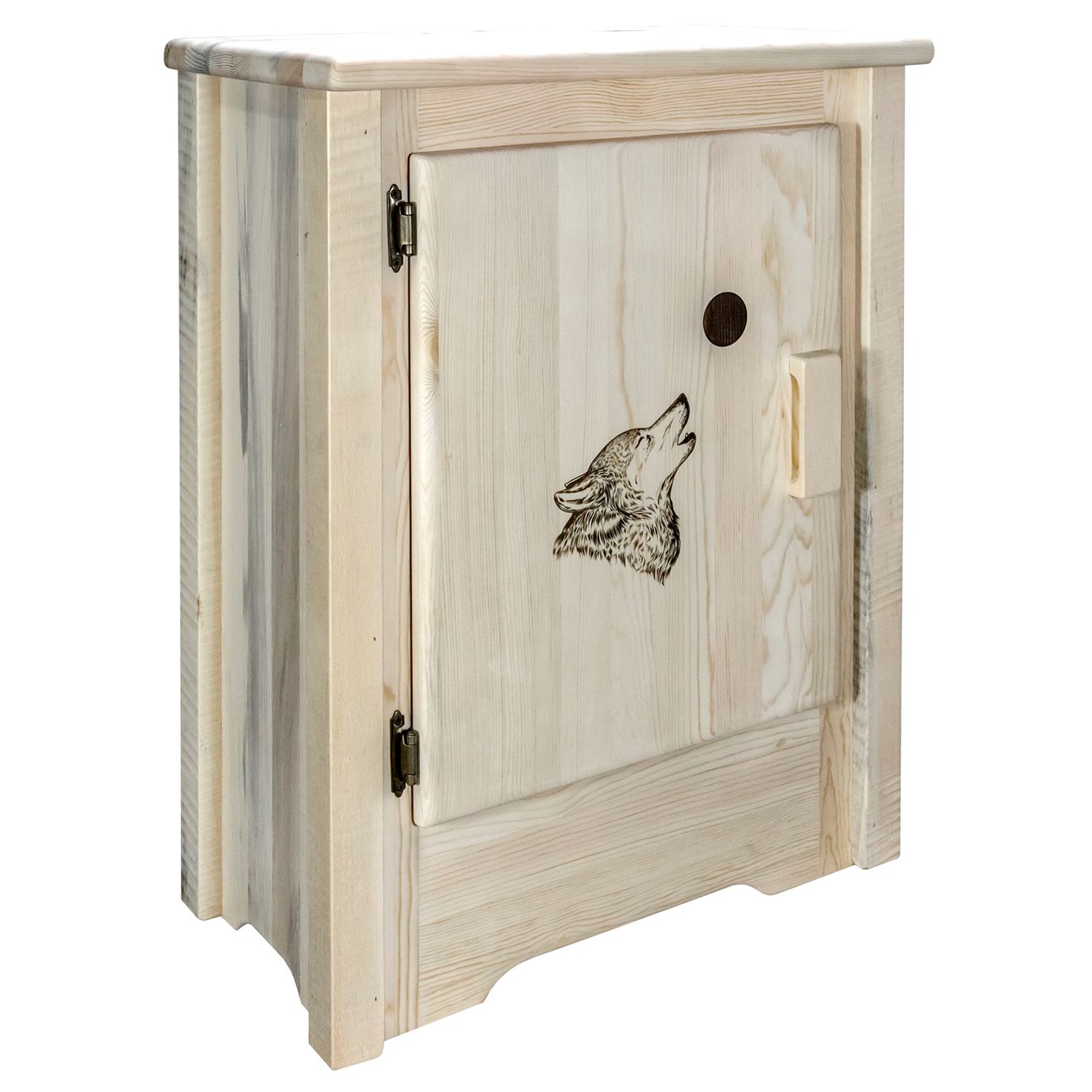 Homestead Left Hinged Accent Cabinet w/ Laser Engraved Wolf Design - Clear Lacquer Finish