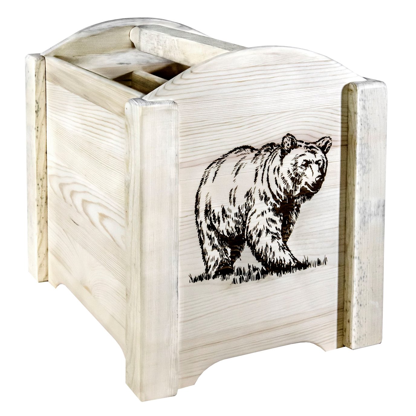 Homestead Magazine Rack w/ Laser Engraved Bear Design - Clear Lacquer Finish