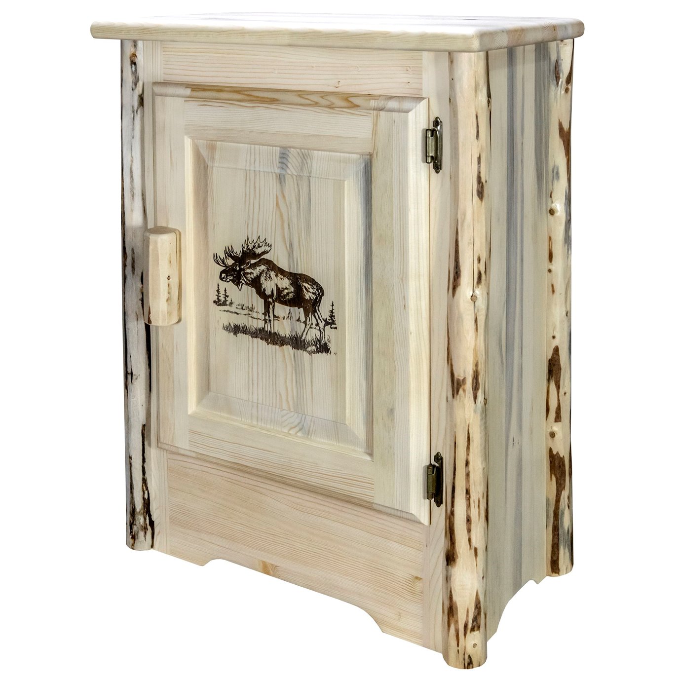 Montana Right Hinged Accent Cabinet w/ Laser Engraved Moose Design - Clear Lacquer Finish