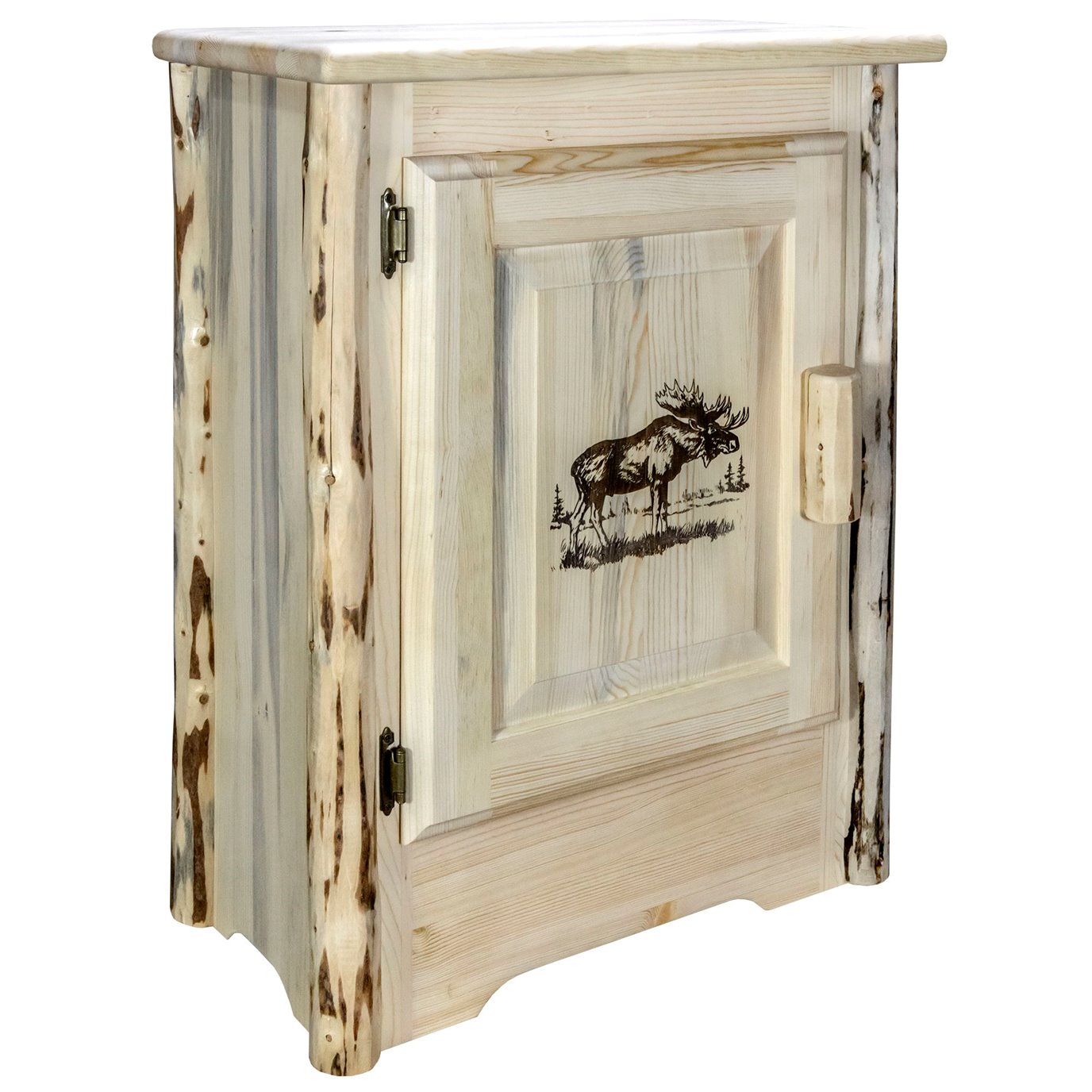 Montana Left Hinged Accent Cabinet w/ Laser Engraved Moose Design - Clear Lacquer Finish