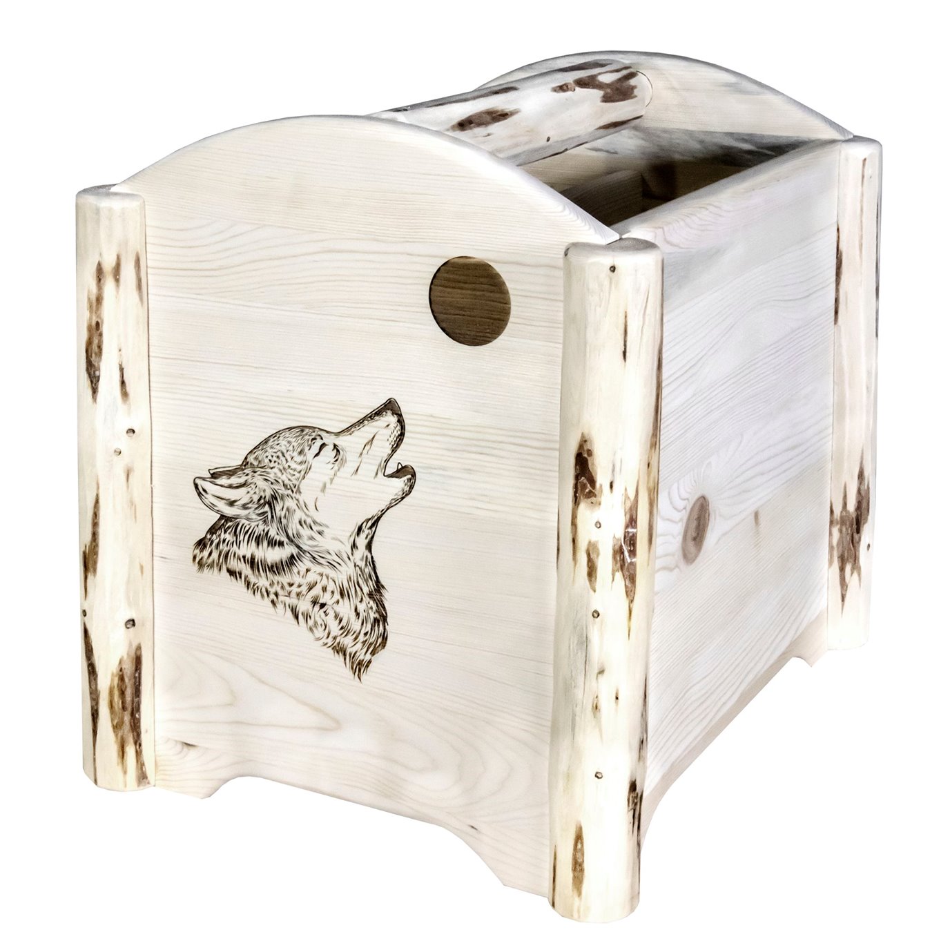 Montana Magazine Rack w/ Laser Engraved Wolf Design - Clear Lacquer Finish