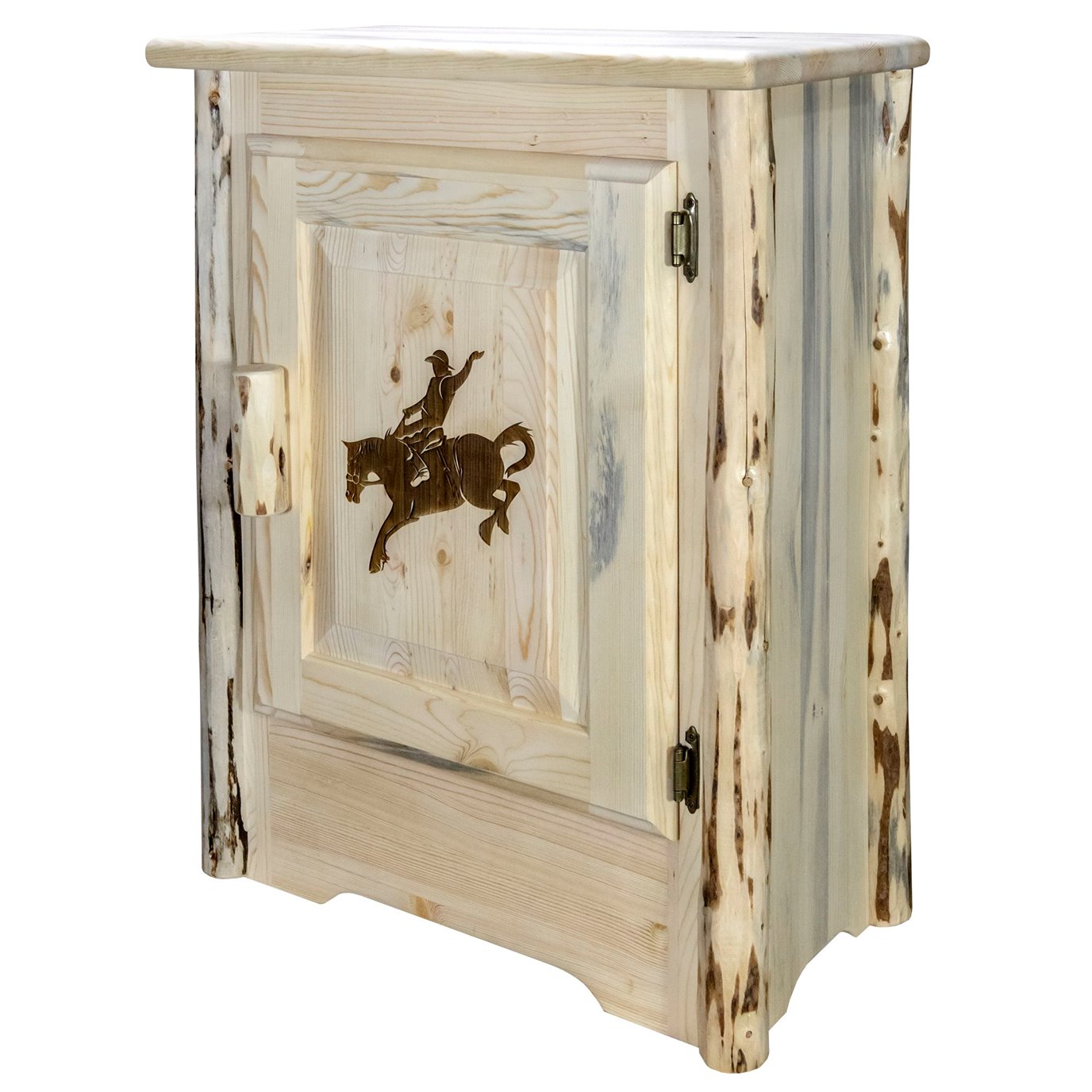 Montana Right Hinged Accent Cabinet w/ Laser Engraved Bronc Design - Clear Lacquer Finish