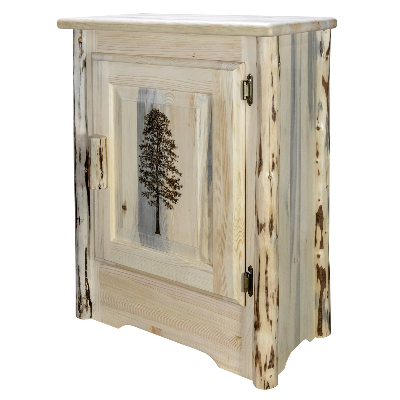 Montana Right Hinged Accent Cabinet w/ Laser Engraved Pine Design - Clear Lacquer Finish