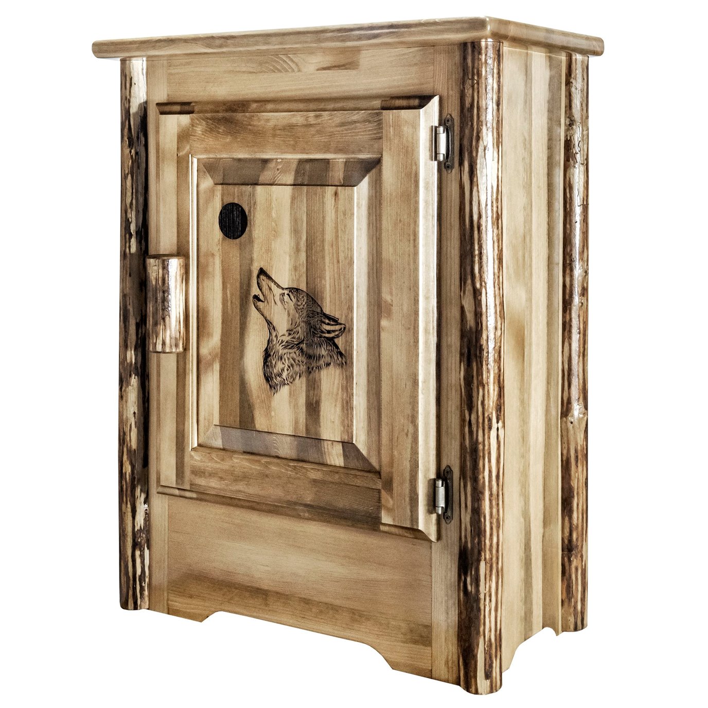 Glacier Right Hinged Accent Cabinet w/ Laser Engraved Wolf Design