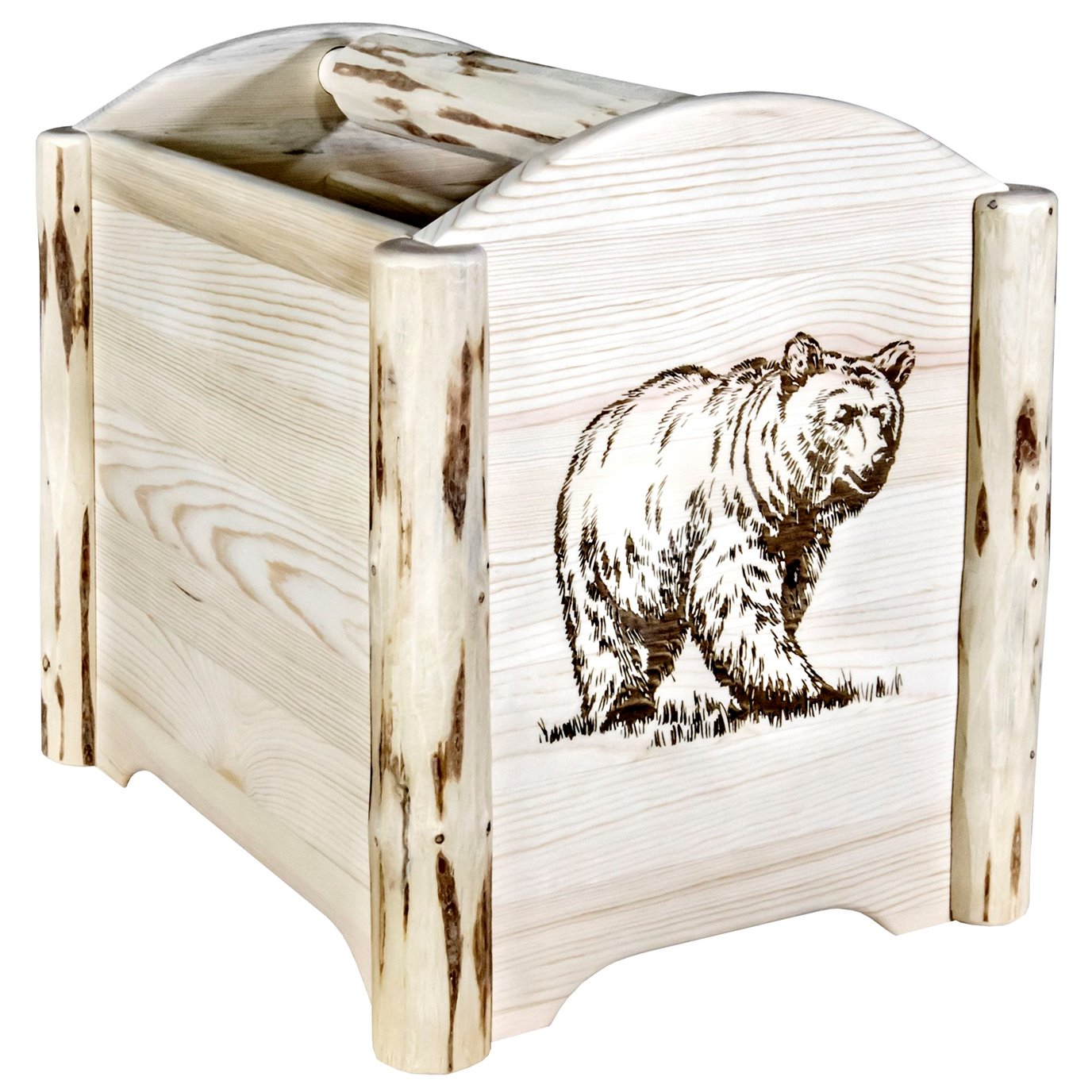 Montana Magazine Rack w/ Laser Engraved Bear Design - Clear Lacquer Finish