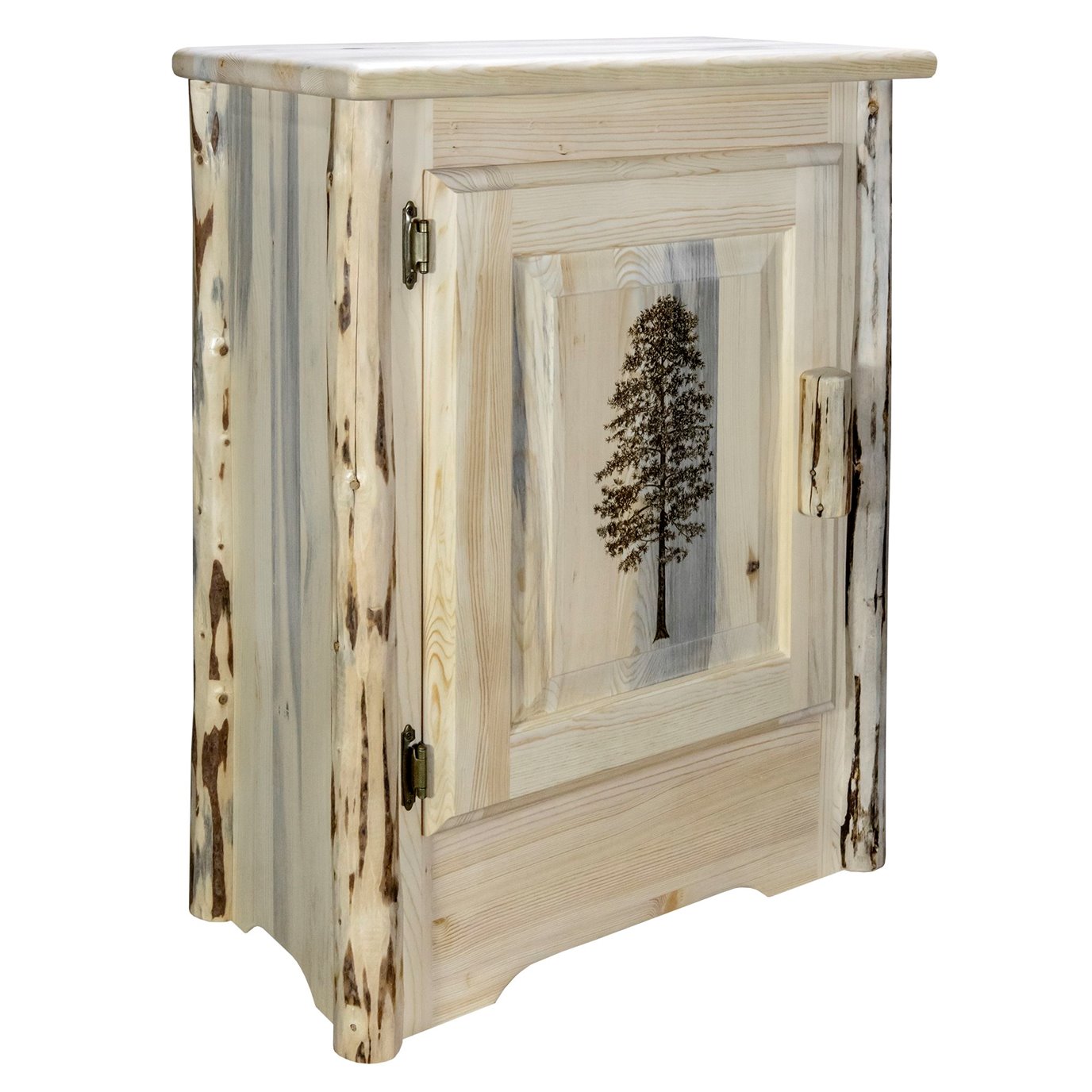Montana Left Hinged Accent Cabinet w/ Laser Engraved Pine Design - Clear Lacquer Finish
