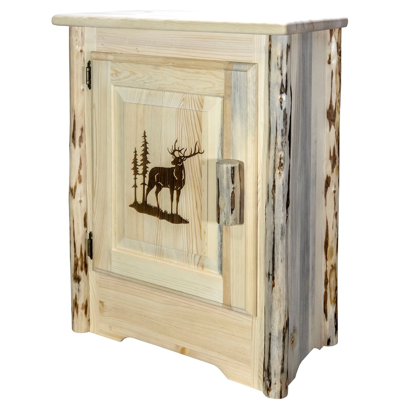Montana Right Hinged Accent Cabinet w/ Laser Engraved Elk Design - Clear Lacquer Finish