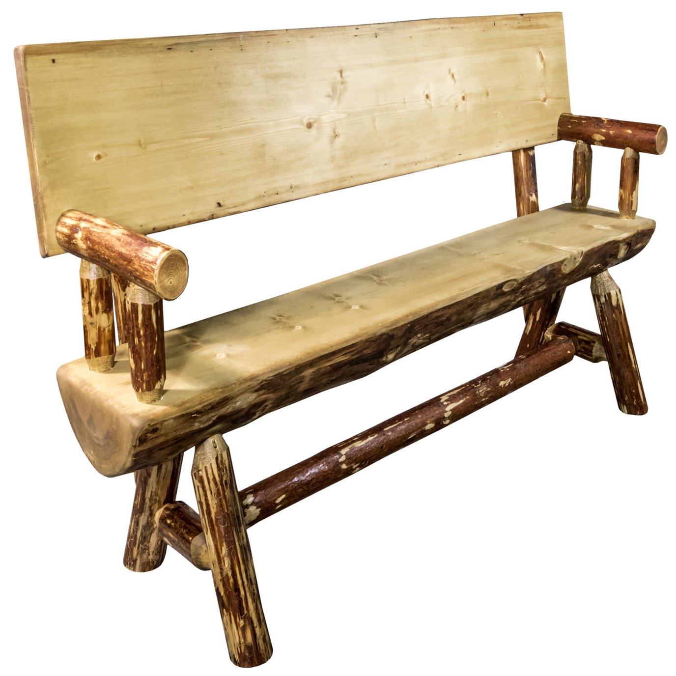 Glacier 4 Foot Half Log Bench w/ Back & Arms - Exterior Stain Finish