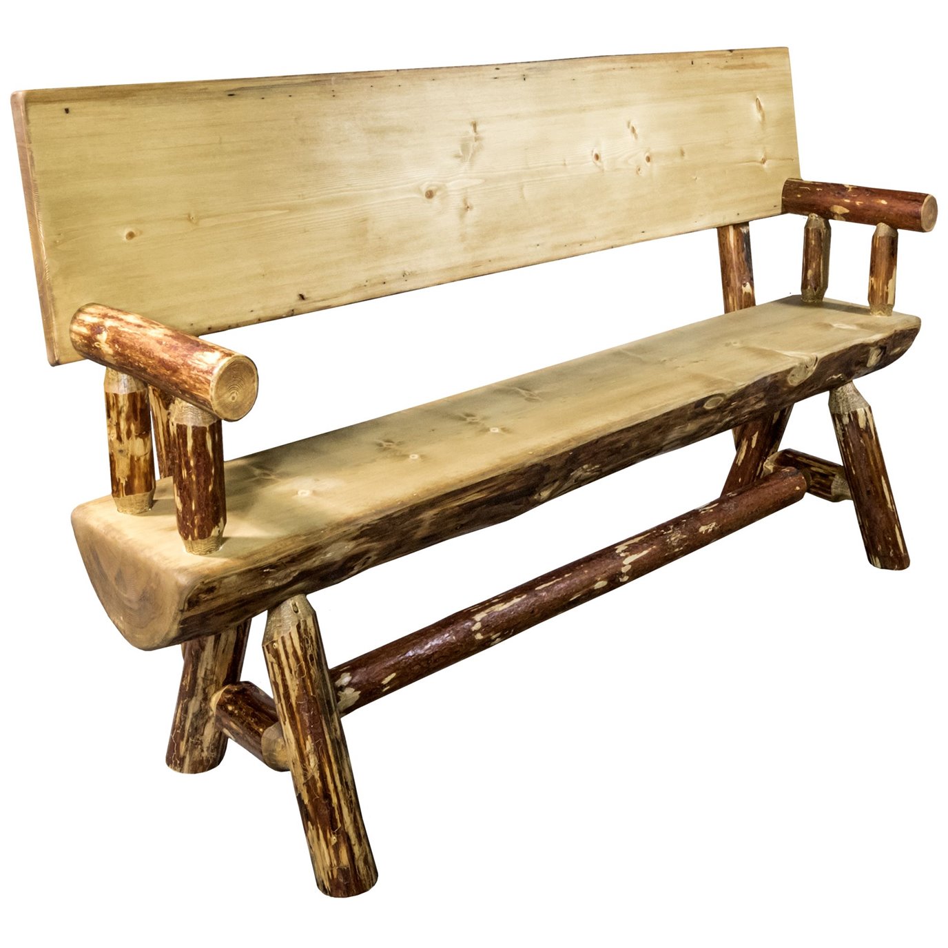 Glacier 5 Foot Half Log Bench w/ Back & Arms - Exterior Stain Finish