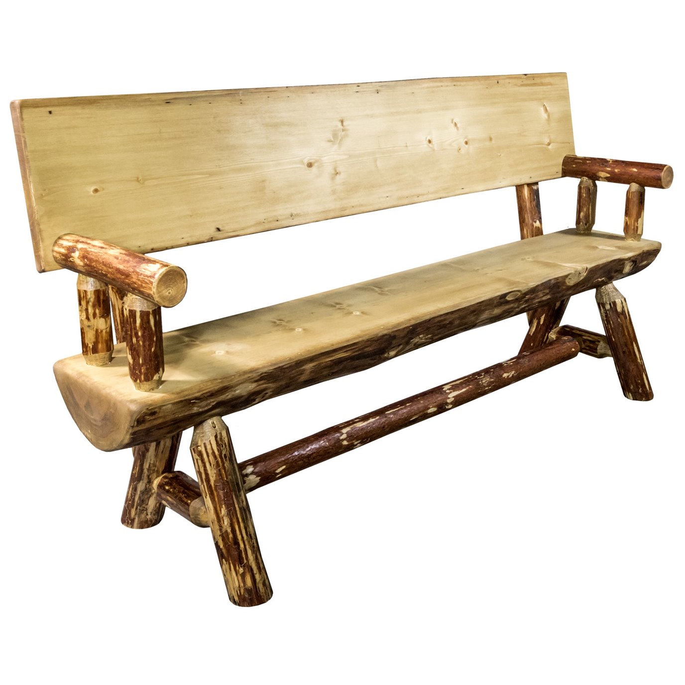 Glacier 6 Foot Half Log Bench w/ Back & Arms - Exterior Stain Finish