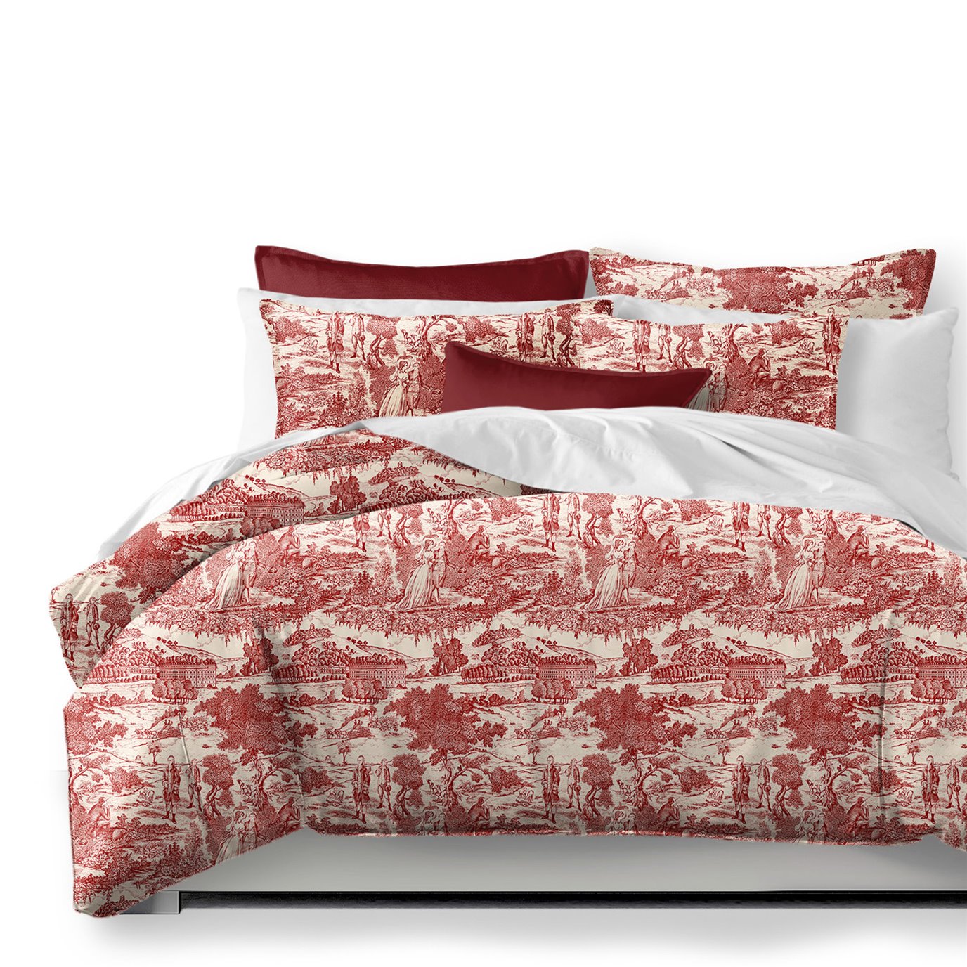 Beau Toile Red Coverlet and Pillow Sham(s) Set - Size Super Queen