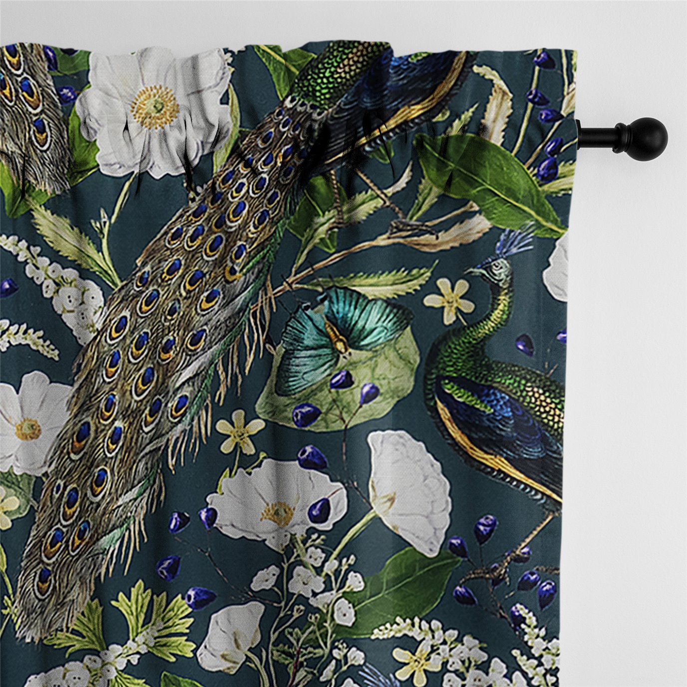 Peacock Print Teal/Navy Pole Top Drapery Panel - Pair - Size 50"x84"