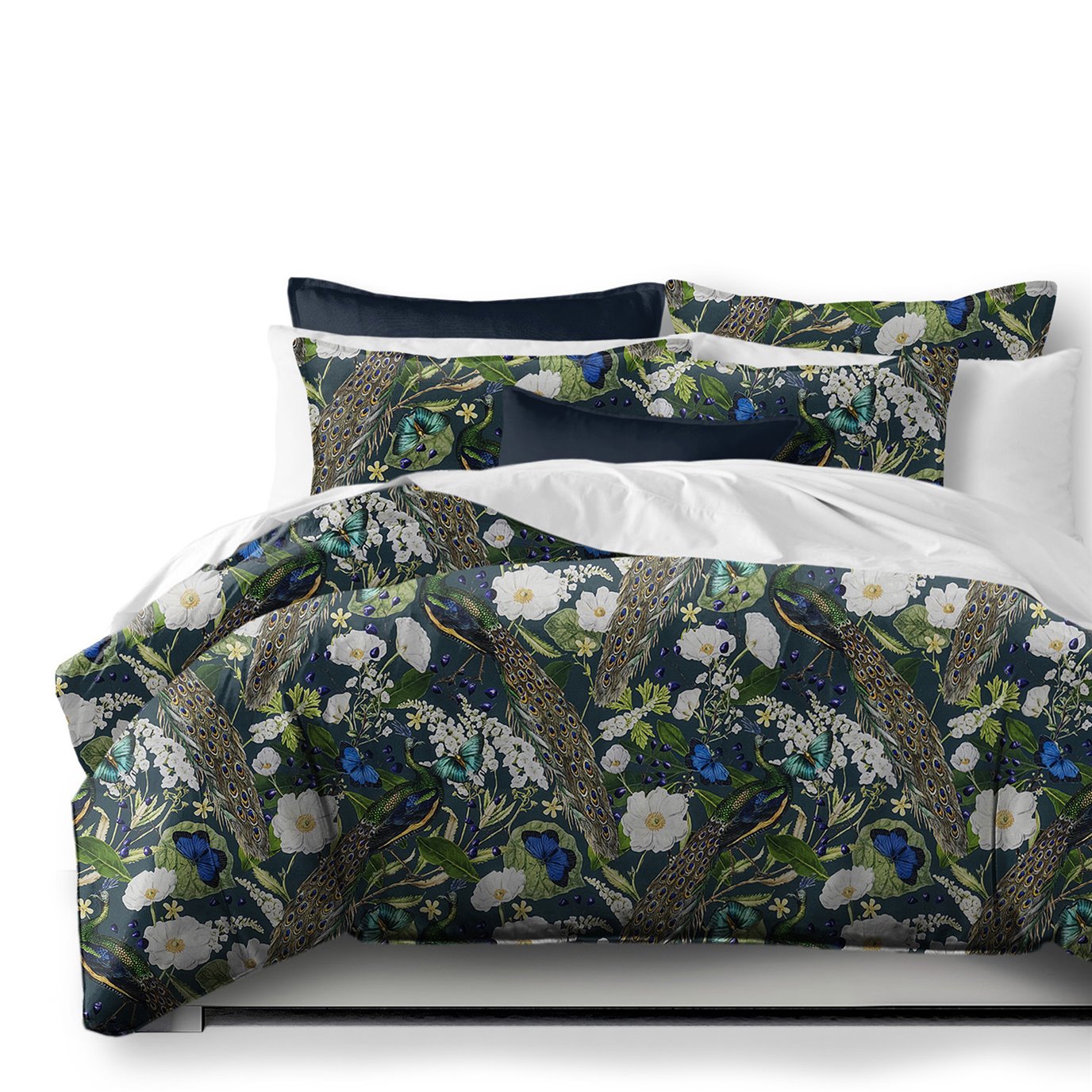 Peacock Print Teal/Navy Coverlet and Pillow Sham(s) Set - Size King / California King