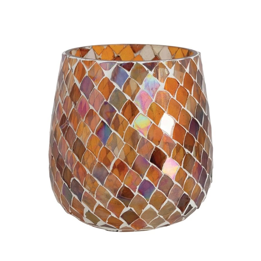 Large Multicolor Mosaic Glass Candle Holder 4.75" high