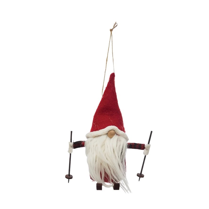 Wool Felt Skiing Gnome Ornament 5.75"