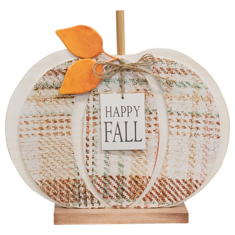 Happy Fall Plaid Wooden Pumpkin with Base 11"H