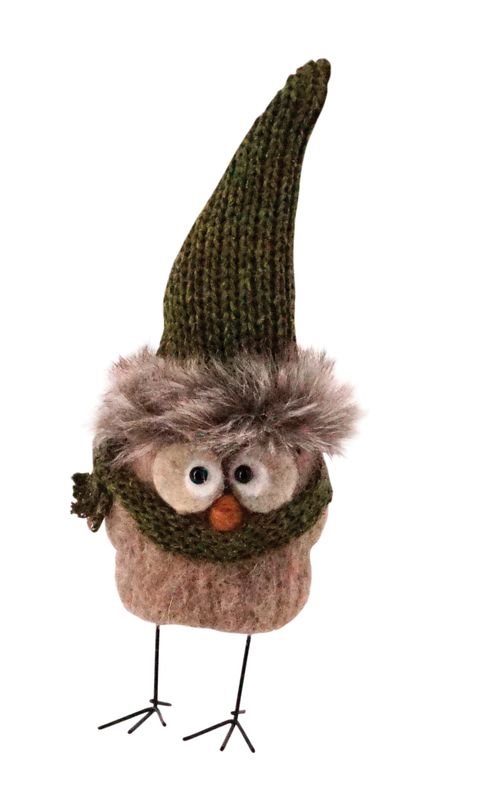 Standing Owl Ornament with Green Hat 9"H