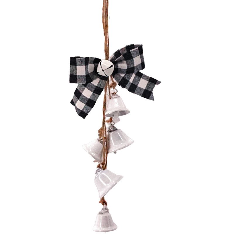 Hanging White Bells with Black & White Bow Ornament 7"H
