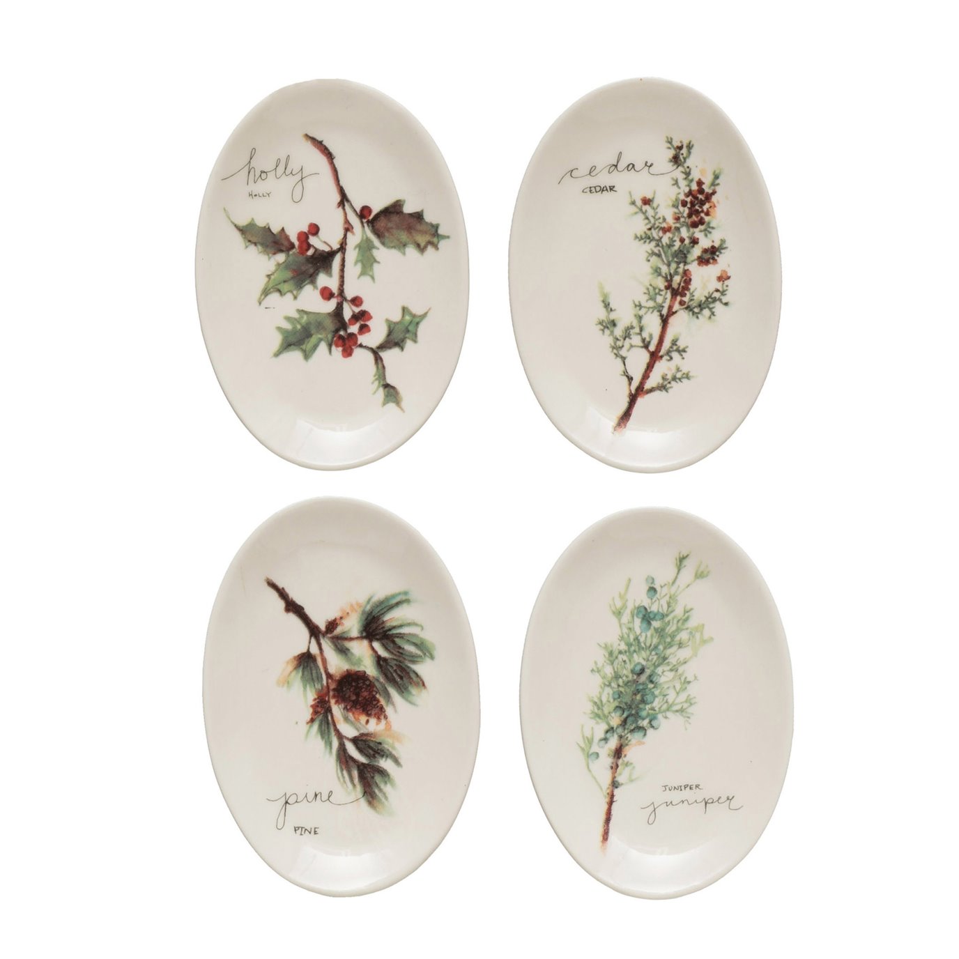 Set of 4 Assorted Stoneware Dishes with Holiday Sprigs Design