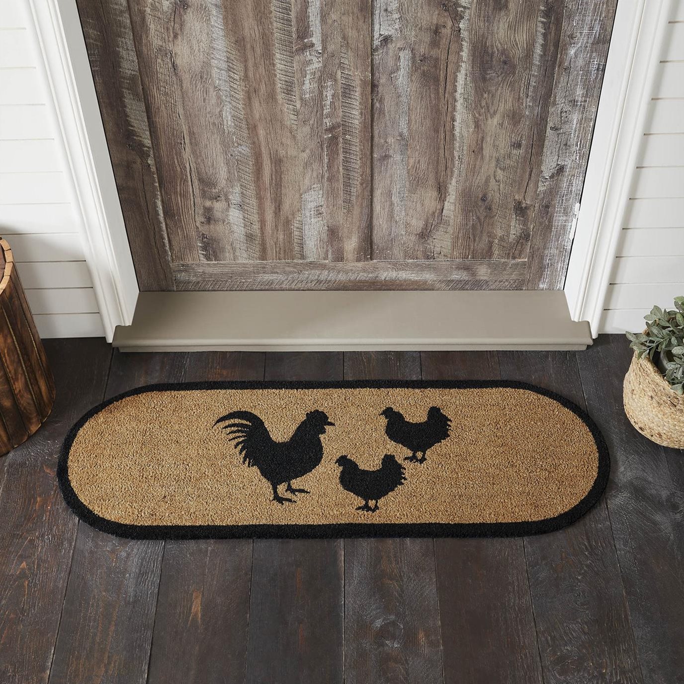 Down Home Rooster &amp; Hens Coir Rug Oval 17x48