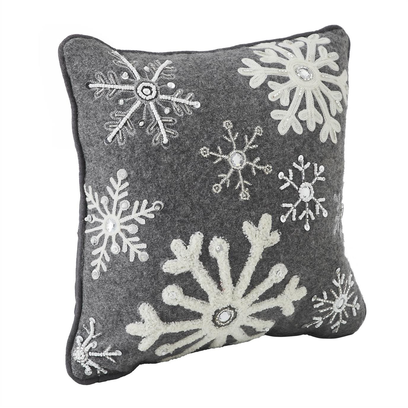 Snowflakes Grey Woolen Felt Pillow 12x12 by Seasons Crest VHC Brands