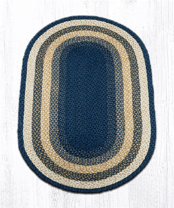 Lt. Blue/Dk. Blue/Mustard Oval Braided Rug 3'x5' Thumbnail