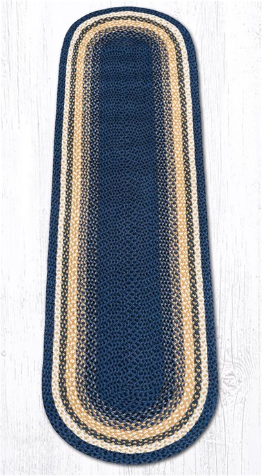 Lt. Blue/Dk. Blue/Mustard Oval Braided Rug 2'x8' Thumbnail
